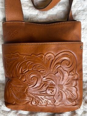 Patricia Nash Cognac Tan Tooled Leather Flap Crossbody Brass Hardware